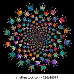 Round background consisting of crowns. Silhouette of the crown. Hulfton pattern in spiral