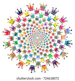 Round background consisting of crowns. Silhouette of the crown. Hulfton pattern in spiral. Multicolor background