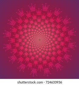 Round background consisting of crowns. Silhouette of the crown. Halftone pattern in spiral. Multicolored background, lilac, pink