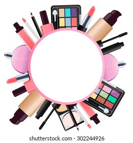 Round background cosmetics for makeup. Lipstick and eye shadow. Vector illustration