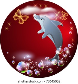Round background with dolphin, clouds and butterflies