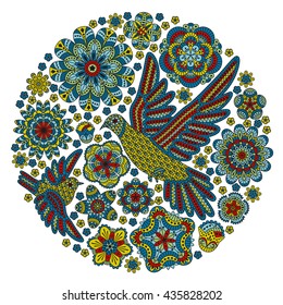 Round background with flowers and birds. Vector illustration