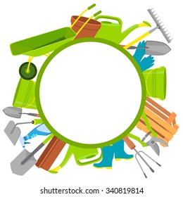 Herramientas de jardín redondeadas con espacio para texto. Ilustración del vector