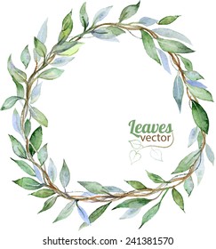 Round background with green leaves, watercolor illustration in vector