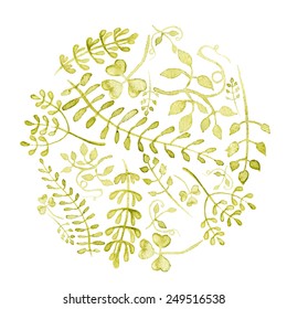 Round background made of various leaves in watercolor. Hand-painted watercolor design elements. Floral motifs. Eps10