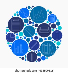 Round background on blue colors with linear icons of pencil, books, eyeglasses, pie chart, diagram, tablet, ruler, calculator, highlighter. Could be used as "Back to school" or "Business" concepts.