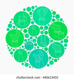 Round background on green colors with linear icons of cacti, sprayer, gardening tools, and pot. Could be used as a "Houseplant", "Gardening" or "Exotic plant" concepts.