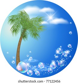 Round background with palm, clouds and bubbles