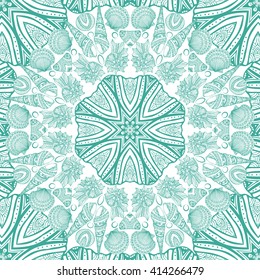 The round background with sea shells. Monochrome vector illustration