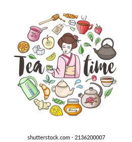 Round background with tea and sweets. Vector illustration