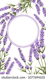round background for text of purple lavender flowers in watercolor style.