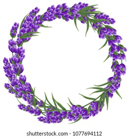 round background for text of purple lavender flowers in watercolor style.