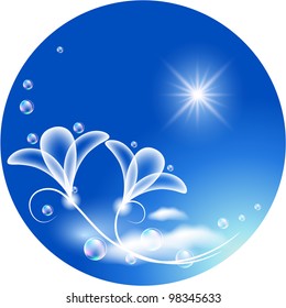 Round background with transparent flowers and bubbles