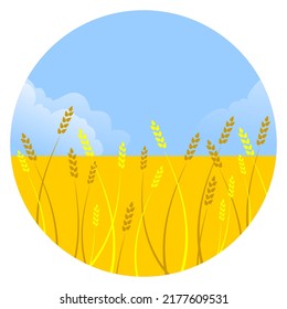 Fondo redondo con campo amarillo trigo en el cielo azul, ilustración vectorial