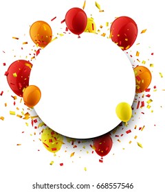 Fondo redondo con globos amarillos y rojos y confeti. Ilustración de celebración de vectores.