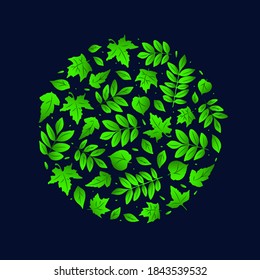 Round background with young green leaves on a blue. Spring composition. Vector illustration.  