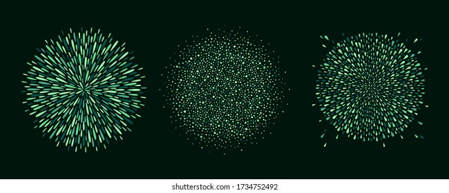 Round backgrounds set, collection. Dark, forest green color sphere shape, circle made of drops, uneven dots, paint splashes, specks, tiny spots, blobs. Radial templates, eco, vegan design elements.