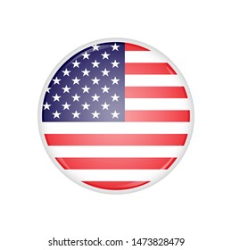Round badge with american flag and lens flare on it. American flag round badge with glares on it. Glossy round button with american flag inside, isolated on white.