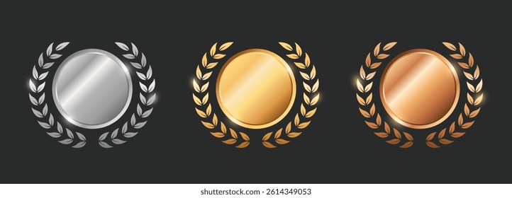 Round badge award golden, silver, bronze with podium and laurel wreath. Luxury medals trophy nomine.