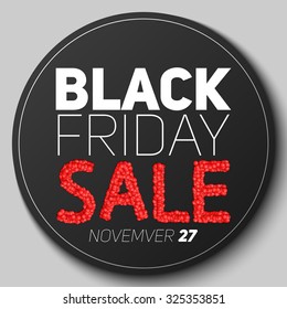 Round badge with Black Friday Sale vector illustration. Sale constructed of abstract red spheres. Conceptual advertising design on dark background. 