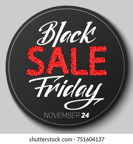 Round badge with Black Friday Sale vector illustration. Sale constructed of red spheres. With handwritten Black Friday text. Conceptual advertising design on dark background. Luxury sale card mockup