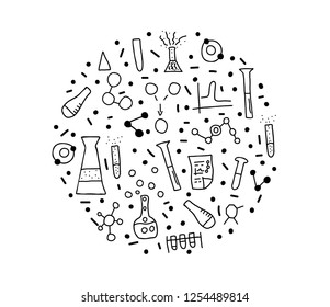 Round badge of chemistry objects in doodle style. Science research symbols isolated on white background. Vector illustration.