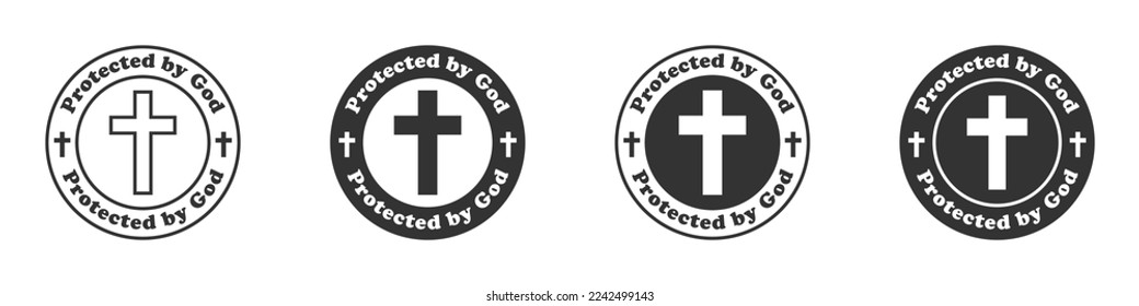 Round badge with a Christian cross and the inscription: "Protected by God." Vector illustration.