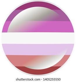 Round badge in colors of the lesbian flag with flare / glare and silver frame, vector