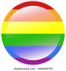 Round badge in colors of the lgbt flag (rainbow) with flare / glare and silver frame, vector