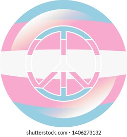 Round badge in colors of the transgender flag with flare / glare and same colored peace sign with white stroke, vector