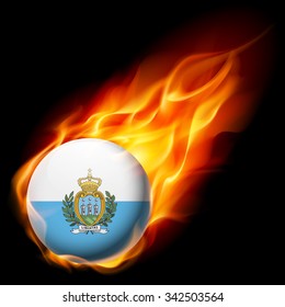 A round badge in the colours of Flag of San Marino burning in flame