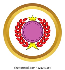 Round badge with crown and laurel vector icon in golden circle, cartoon style isolated on white background