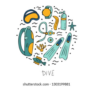 Round badge with  diving set of elements  and equipment. Underwater activity symbols and accessories. Diver flippers, scuba mask, aqualung and other gears. Vector circle conceptual illustration.