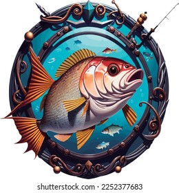 Round badge of a fish in a frame with a ocean inside it