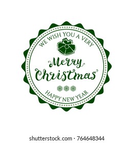 Round Badge with Frame. Merry Christmas Hand Drawn Lettering, Bells Icon Isolated on White Background. Green Logo Emblem Vector Illustration for Web Graphic Design or Print, Logotype, Brand, Symbol.