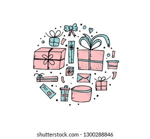 Round badge of gift boxes and package. Collection of holiday presents in doodle style. Vector conceptual illustration.