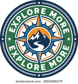 Round Badge Logo with Large Compass Rose Mountain and River Illustration for Outdoor Brands