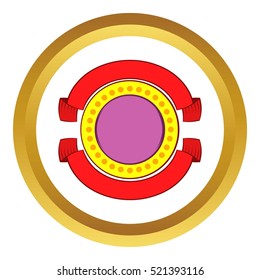 Round badge with red ribbons vector icon in golden circle, cartoon style isolated on white background