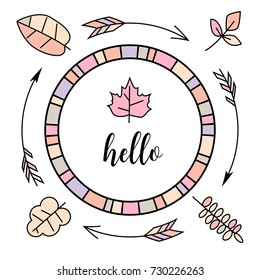 Round badge set of color vector typographic elements for design. Vector set of calligraphic design elements and page decor: useful elements to embellish layout. greeting card, Arrows, leaves, symbol