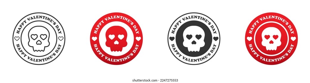 Round badge with skull and heart shape inside and text: Happy Valentine's Day. Vector illustration.