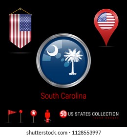 Round Badge with South Carolina US State Flag. Button Flag of South Carolina. Round Icon of South Carolina with Metal Frame. Pennant Flag of USA. Map Pointer - USA. Map Navigation Icons. Vector Art.