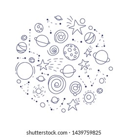 Round badge of space objects and symbols set. Vector hand drawn doodles circle print.