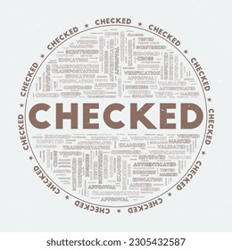 Round badge. Text checked with keywords word clouds and circular text. Mink color theme and grunge texture. Superb vector illustration.