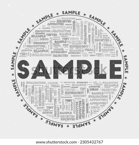 Round badge with text 'sample' and keywords in a circular pattern. Shady character color theme and grunge texture. Stylish vector illustration.