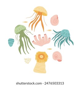 Round badge of underwater life. Ocean animals and marine life. Aquatic Invertebrates, Barnacles collection. jellyfish, sea anemone, shells. Set of Vector hand drawn illustration.