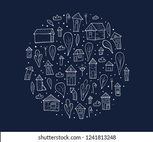 Round badge of vector houses, trees and clouds. Circle composition in doodle style on dark background.