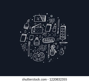 Round badge of vector office supplies. Collection of stationery in doodle style. 