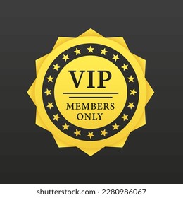 Round badge for VIP club members. Gold medal with a star shapes. Vip Members Only premium golden badges. Gold round label. Vector illustration