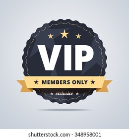 Round badge for VIP club members. Dark blue medal with a star shapes and decorative ribbon. Vector illustration.