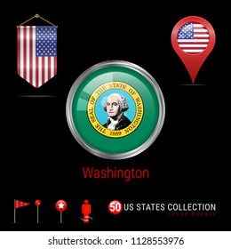 Round Badge with Washington US State Flag. Glossy Button Flag of Washington. Round Icon of Washington with Metal Frame. Pennant Flag of USA. Map Pointer - USA. Map Navigation Elements. Vector Art.